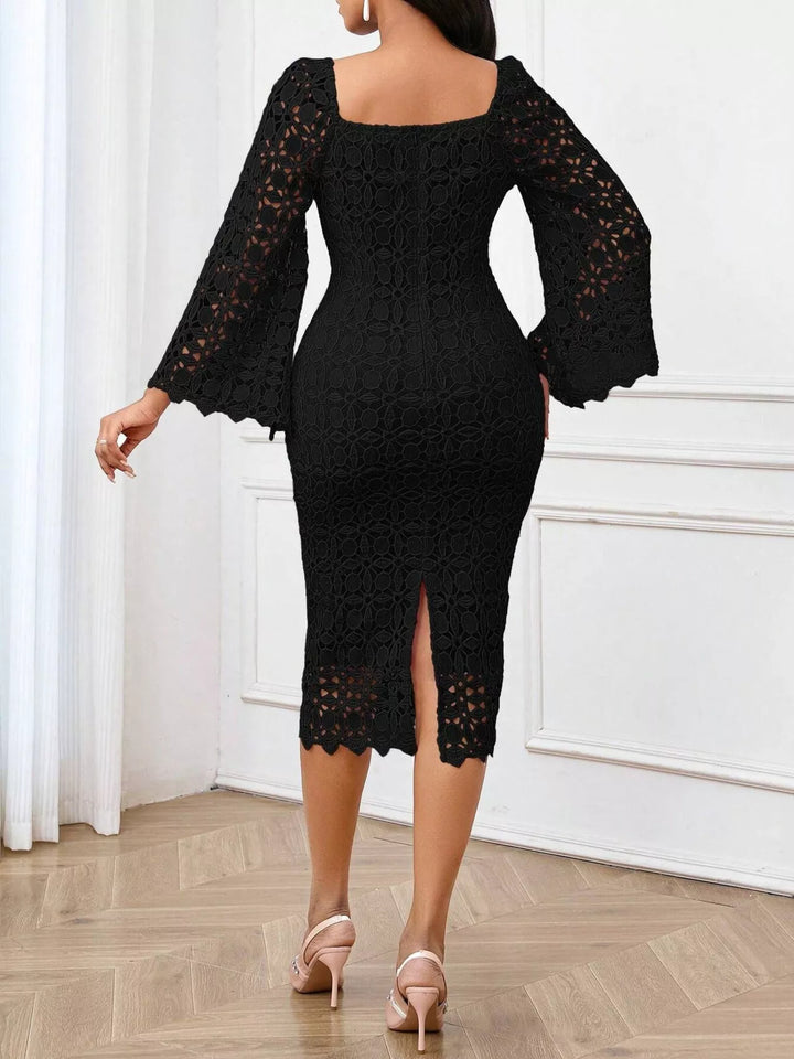 Floral lace bell-sleeve midi dress with square neck