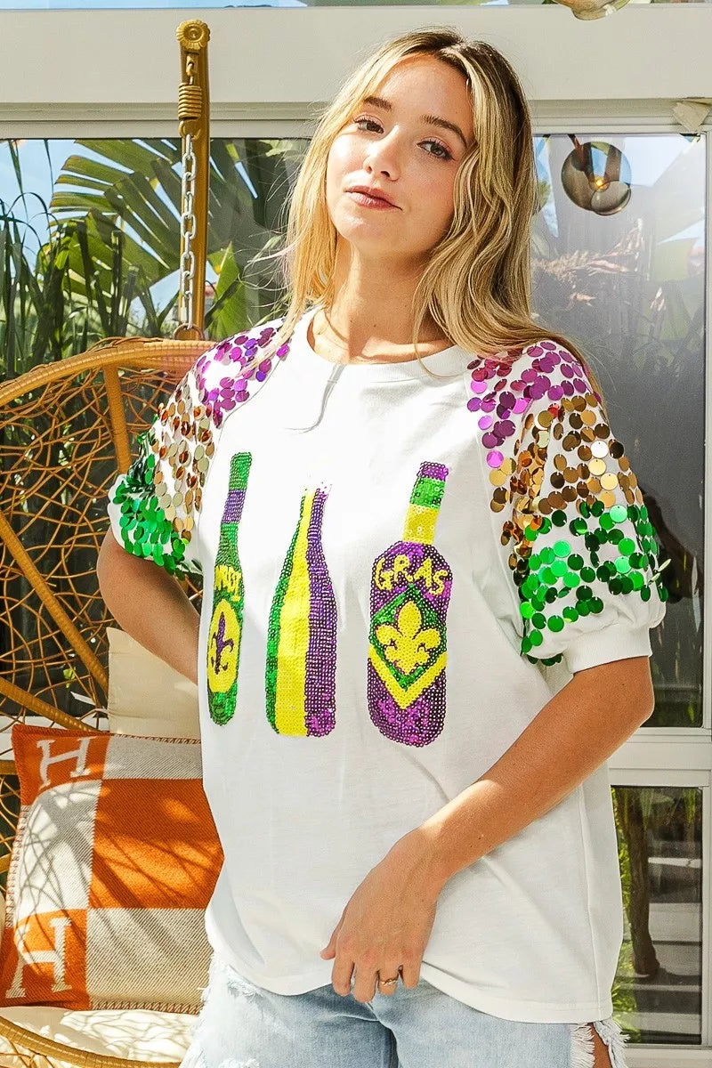 Sequin Mardi Gras bottles graphic tee with paillette sleeves