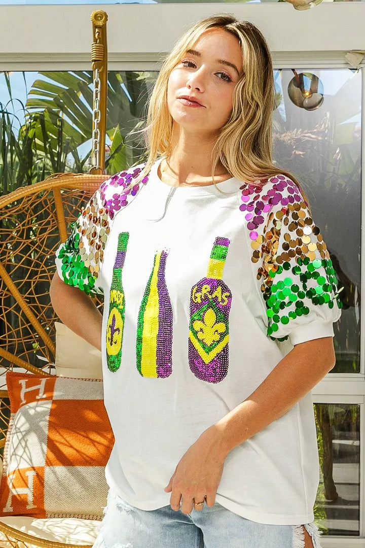 Sequin Mardi Gras bottles graphic tee with paillette sleeves