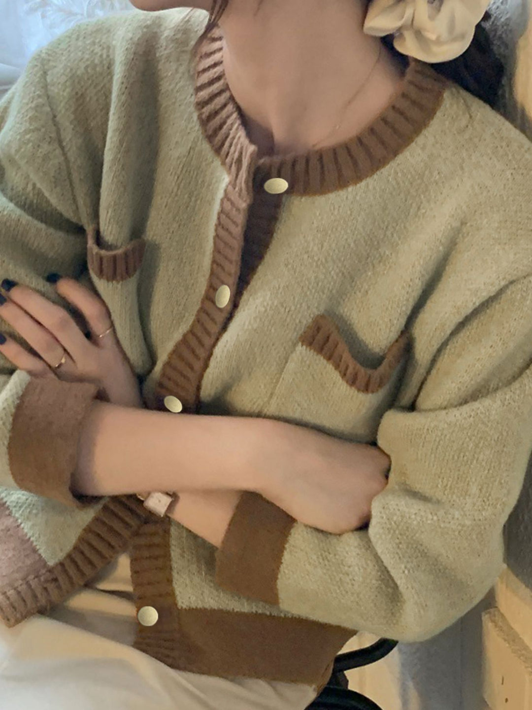 Contrast-trim button-up knit cardigan with patch pockets