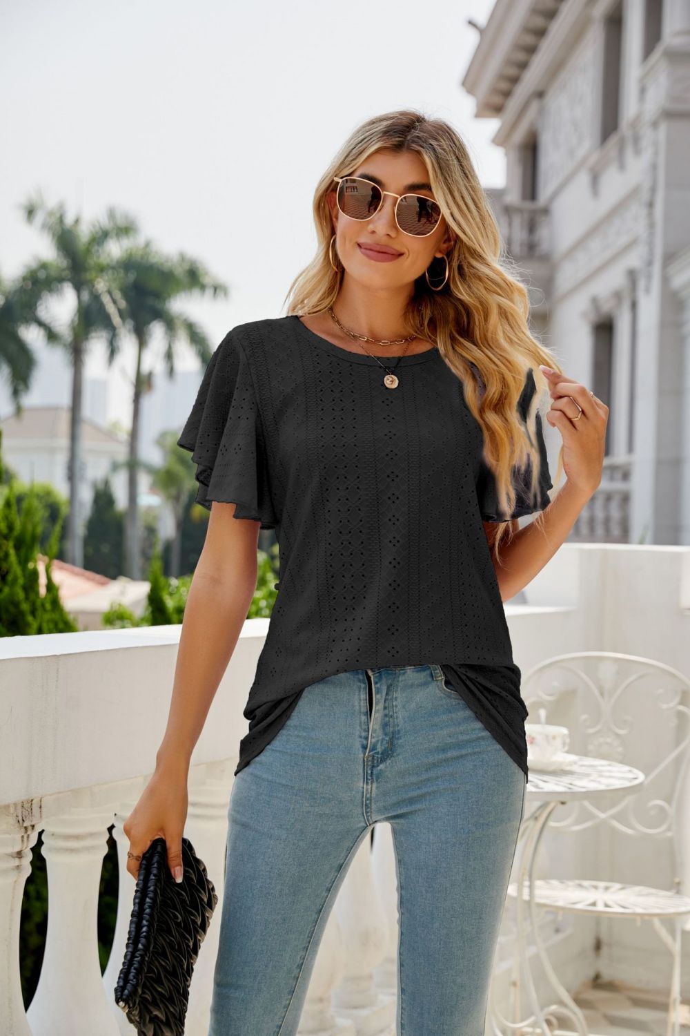 Eyelet knit flutter sleeve round neck top