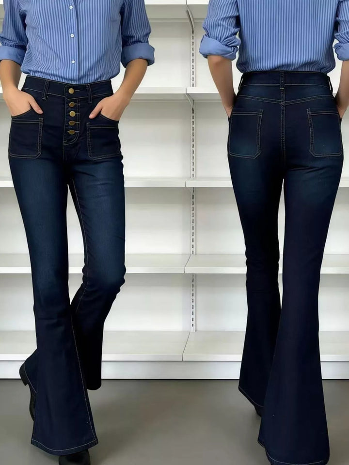 High-waisted button-fly flare jeans with patch pockets