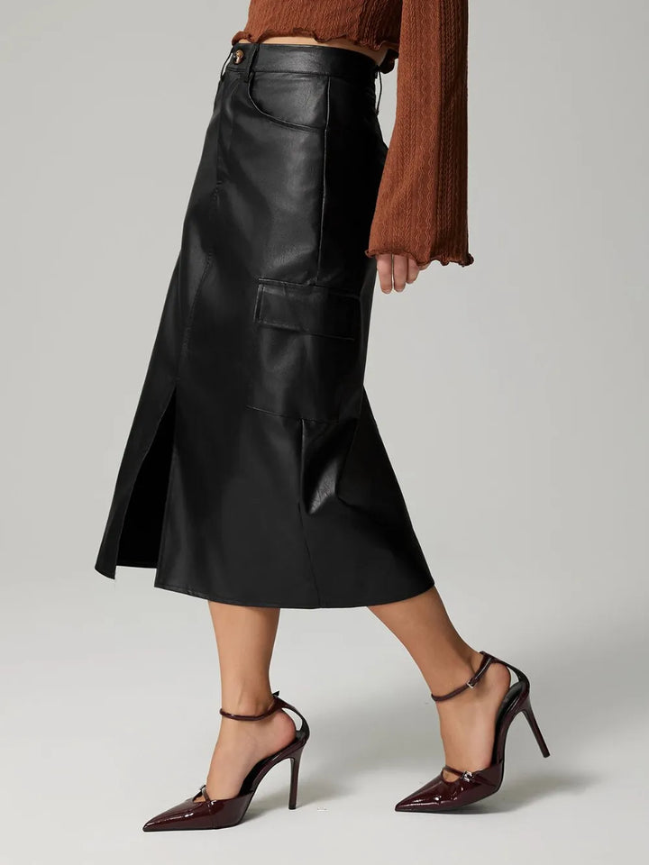 High-rise faux leather midi skirt with cargo pockets and slit
