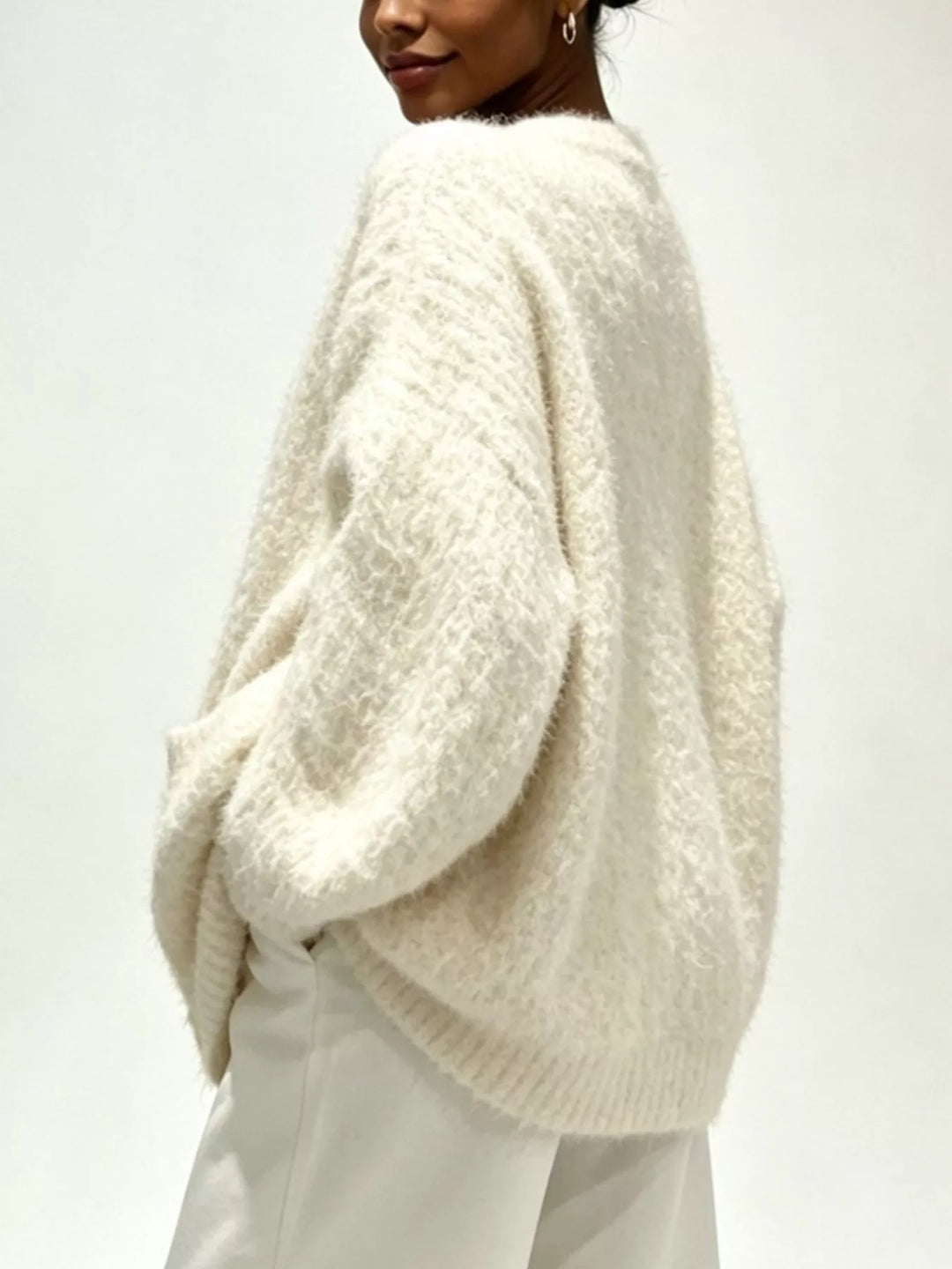 Fuzzy knit V-neck button-down cardigan with patch pockets