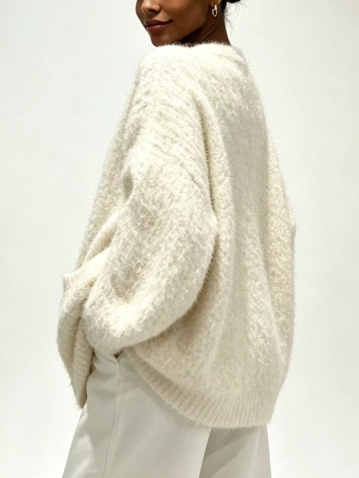 Fuzzy knit V-neck button-down cardigan with patch pockets