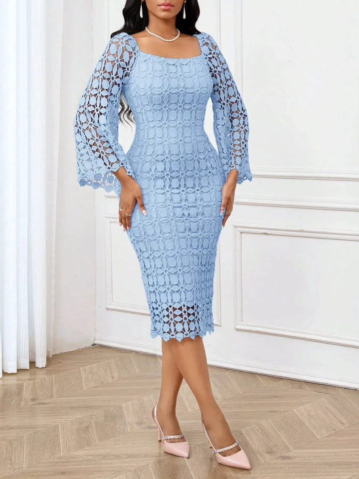 Floral lace bell-sleeve midi dress with square neck