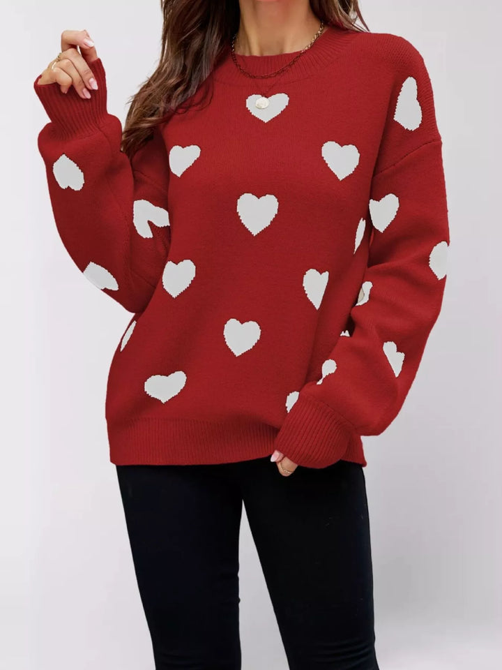 Red Heart print drop shoulder crew neck knit sweater