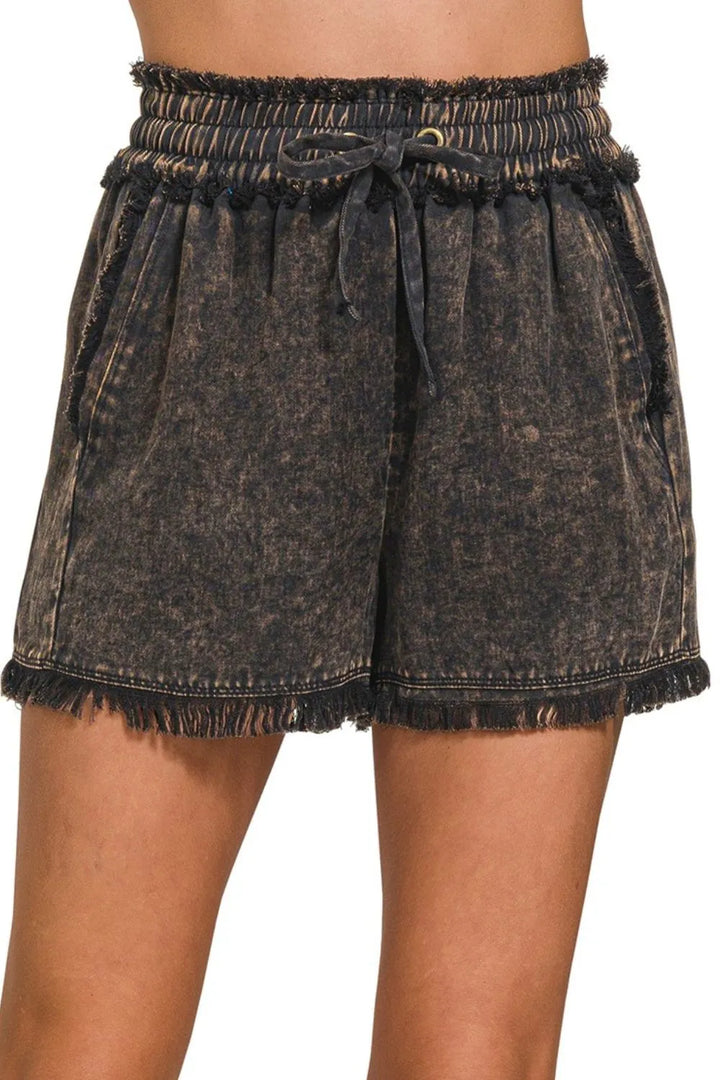 ASH BLACK Mineral wash frayed hem shorts with drawstring waist