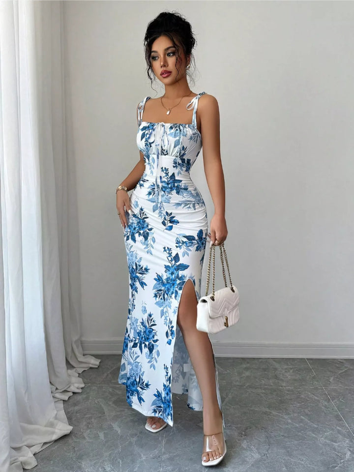 Floral print tie-strap maxi dress with side slit