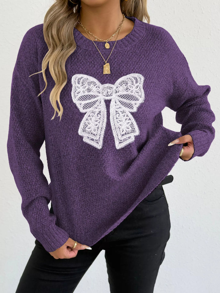 Purple Lace bow applique crew neck knit sweater
