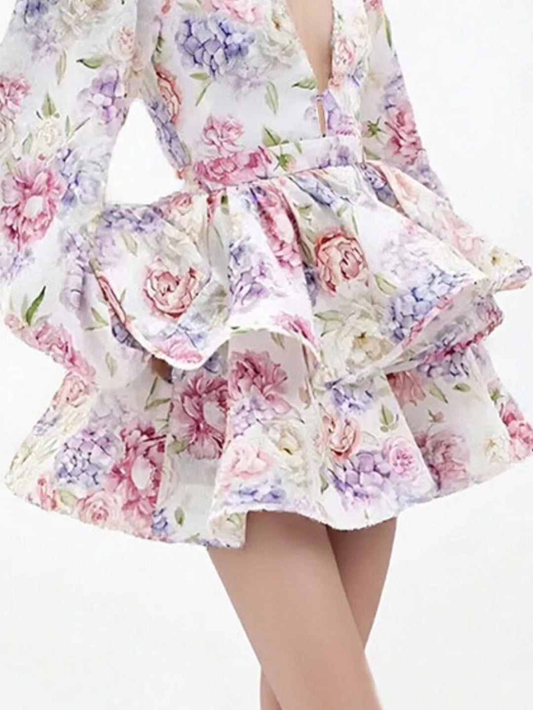 Floral puff sleeve plunge V-neck tiered mini dress