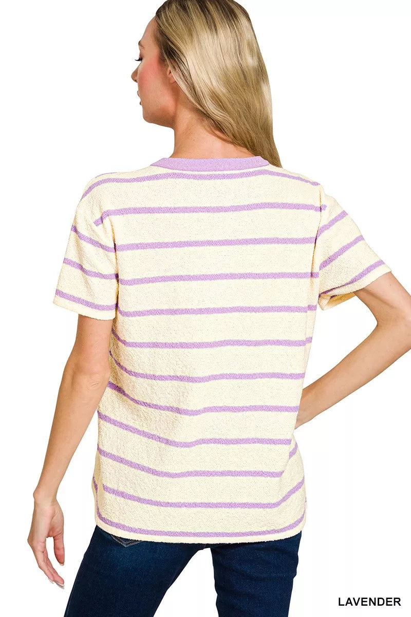 Textured striped short sleeve crew neck top