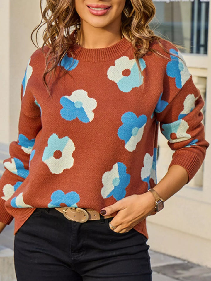 Retro floral crew neck knit pullover sweater