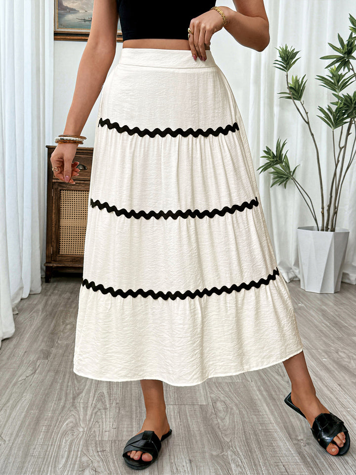 High-waist tiered midi skirt with ric-rac trim