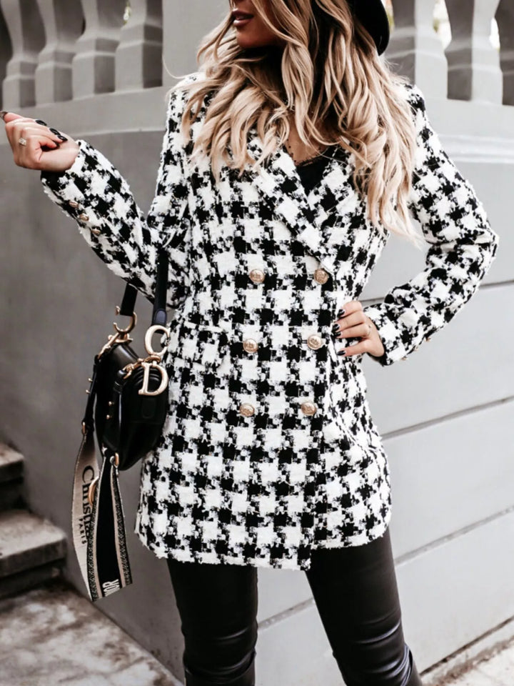 Houndstooth tweed double-breasted blazer coat with gold buttons