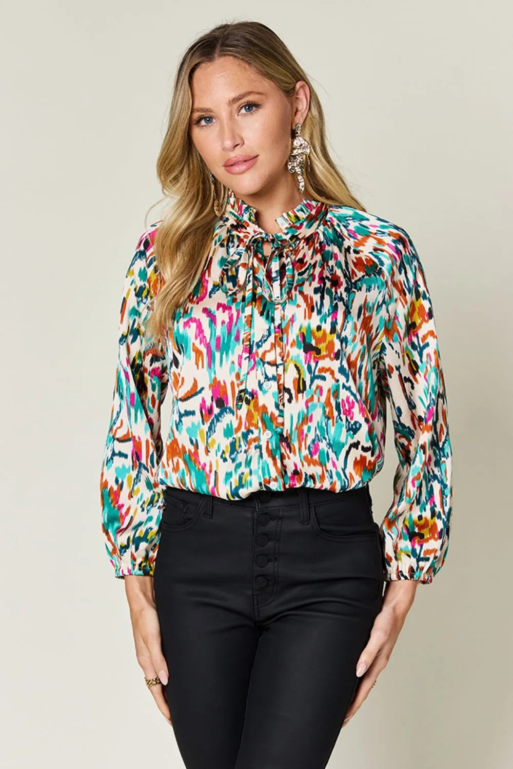 Teal Abstract print button-up shirt with tie neck and long sleeves
