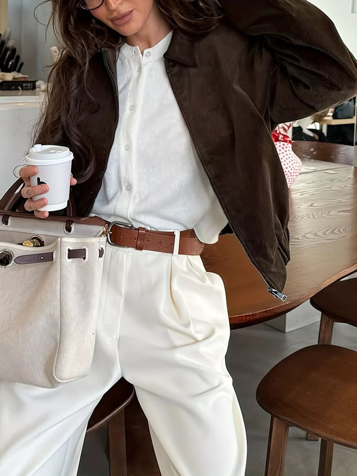 Relaxed corduroy zip-up jacket with spread collar