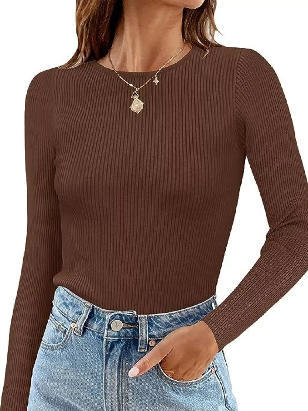 Ribbed knit slim-fit long sleeve crew top