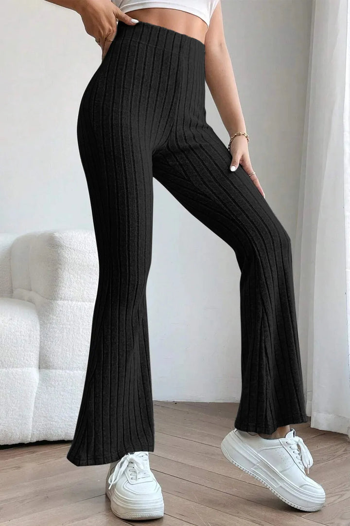 Ribbed knit high-waist flare pants with pull-on waist