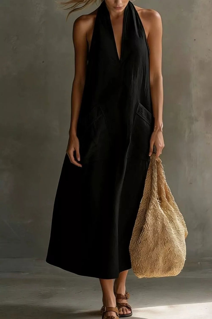 Relaxed halter neck midi dress with patch pockets