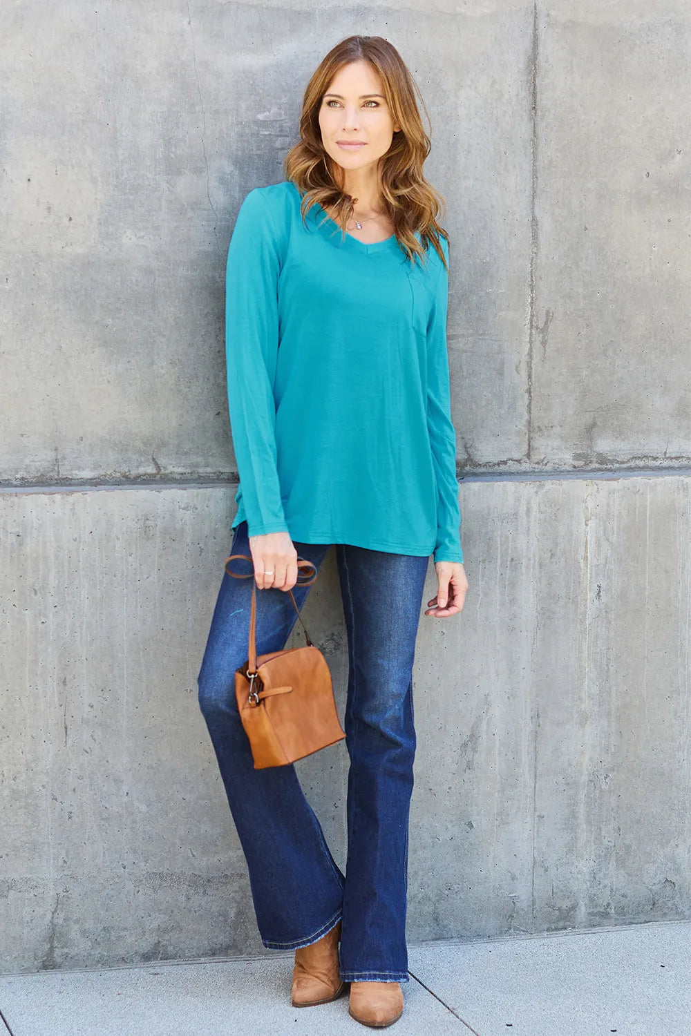 V-neck long sleeve top with chest pocket