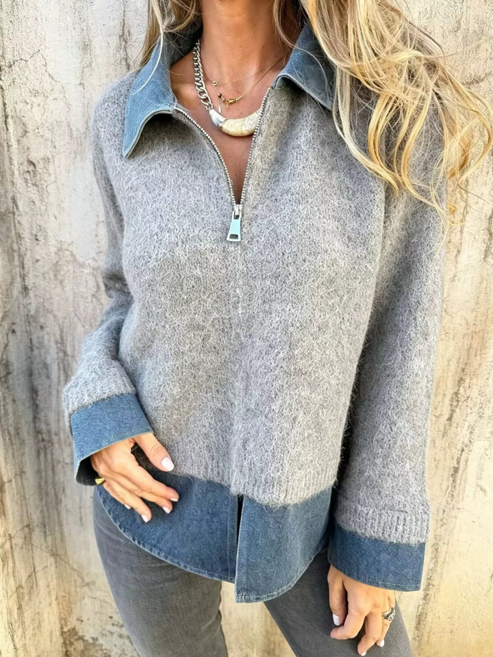 Light Gray Denim collar half-zip knit sweater with layered hem