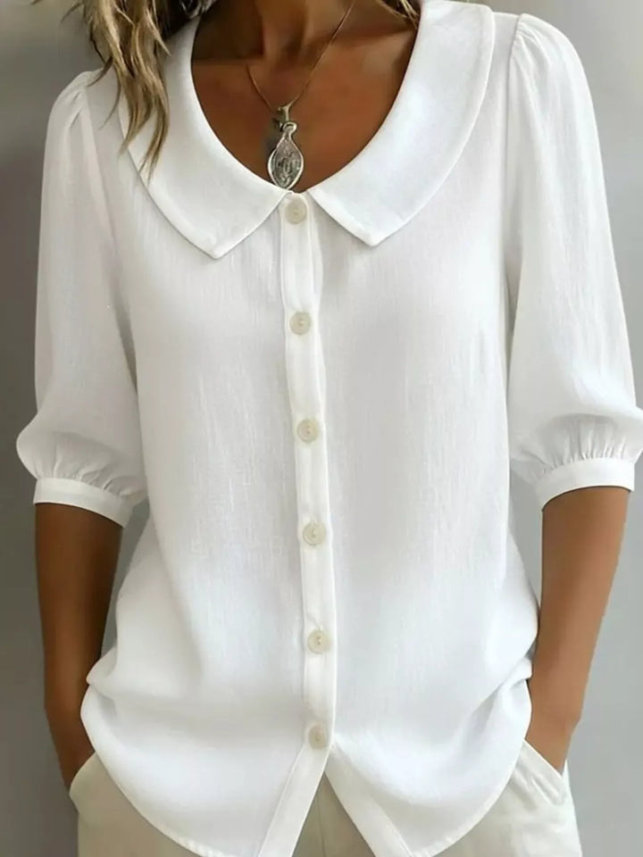 White Peter Pan collar button-down blouse with 3/4 sleeves