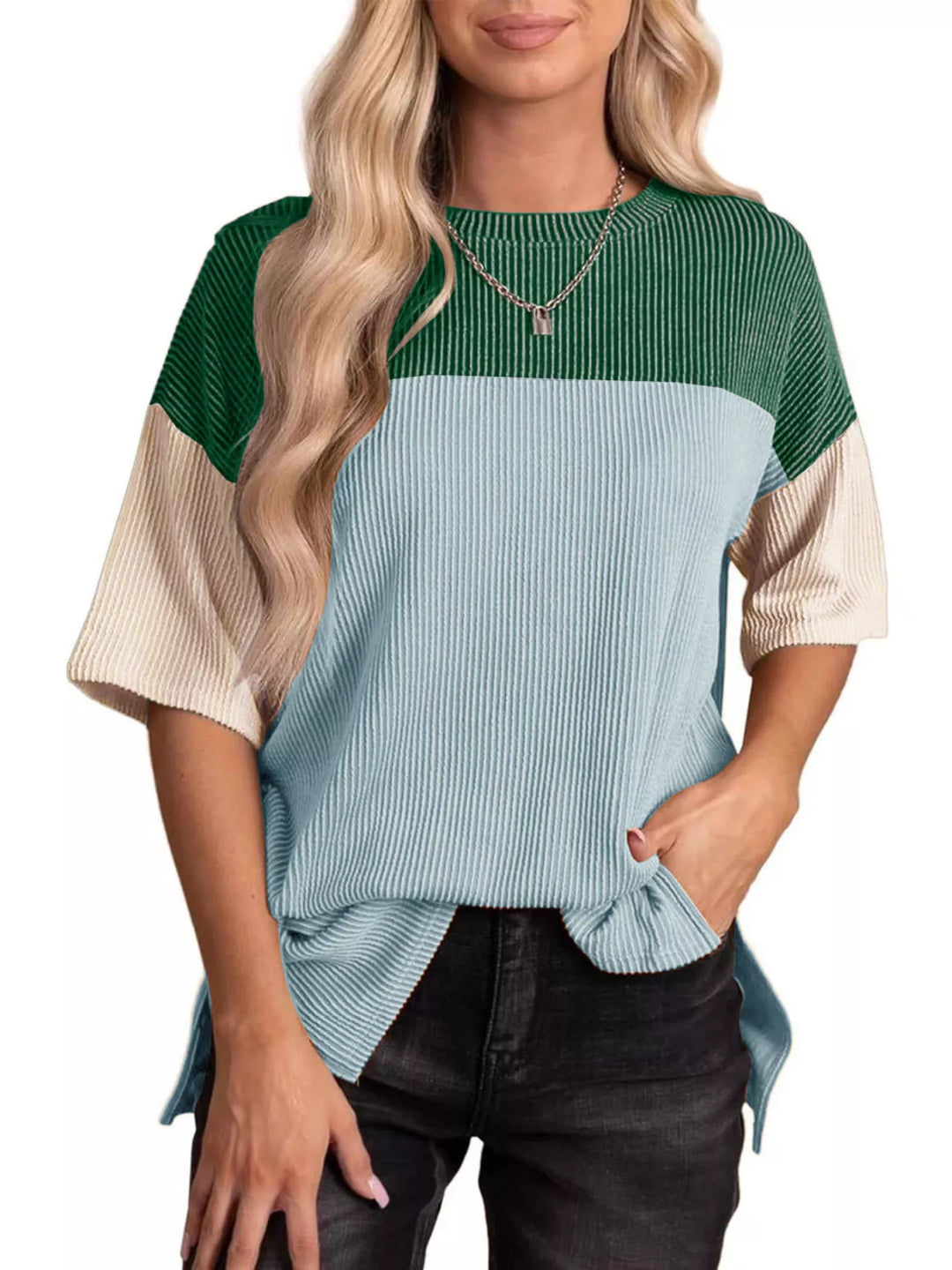 Green Ribbed color block short sleeve top with side slits