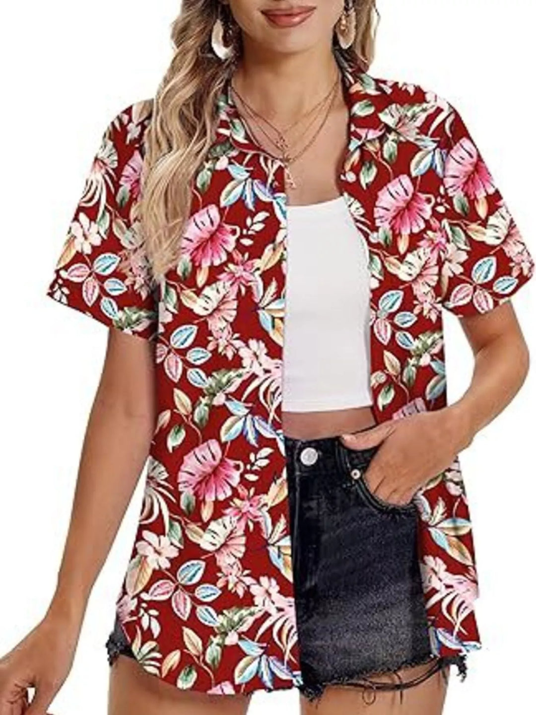 Tropical hibiscus print short sleeve button-up shirt