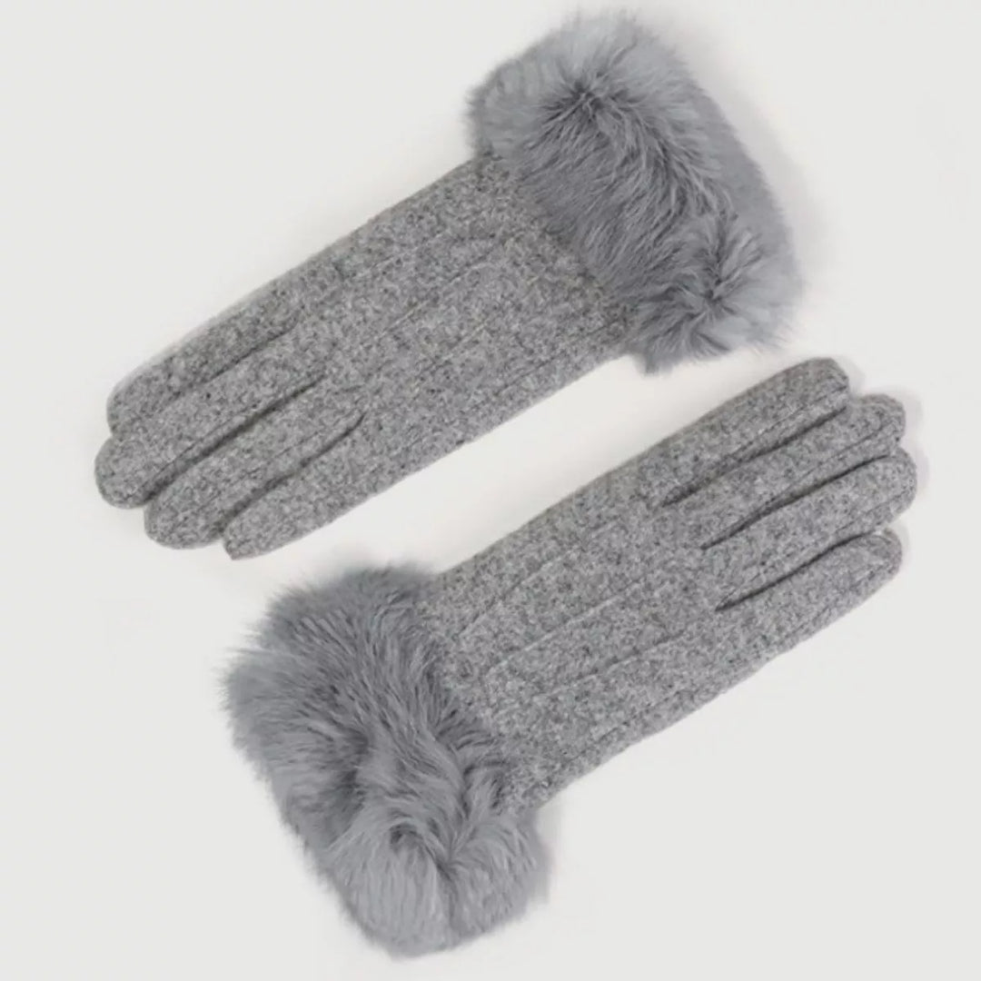 Gray Faux fur cuff knit gloves with touchscreen fingertips