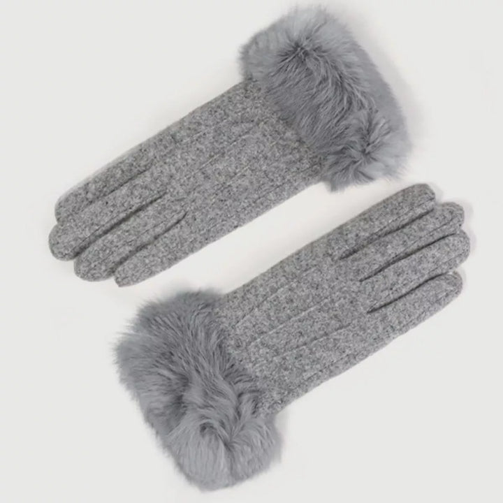Gray Faux fur cuff knit gloves with touchscreen fingertips