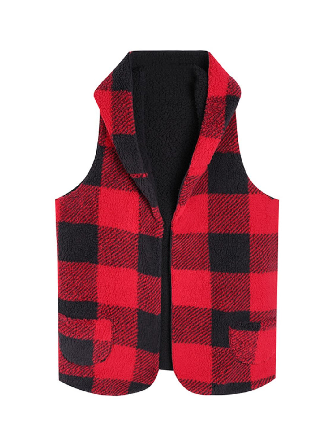 Buffalo plaid sherpa hooded vest with patch pockets