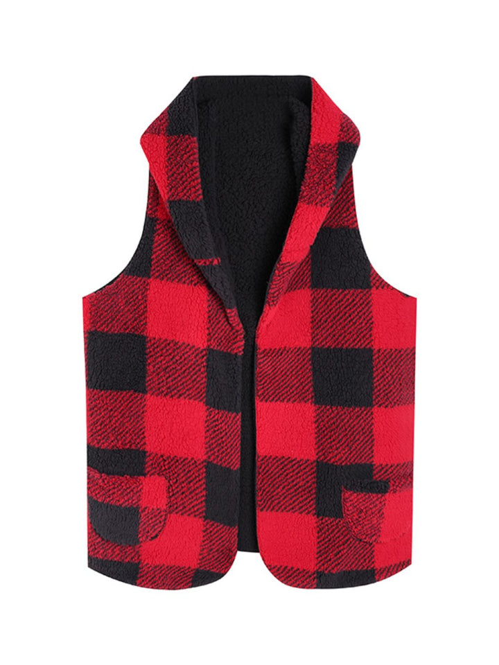 Buffalo plaid sherpa hooded vest with patch pockets