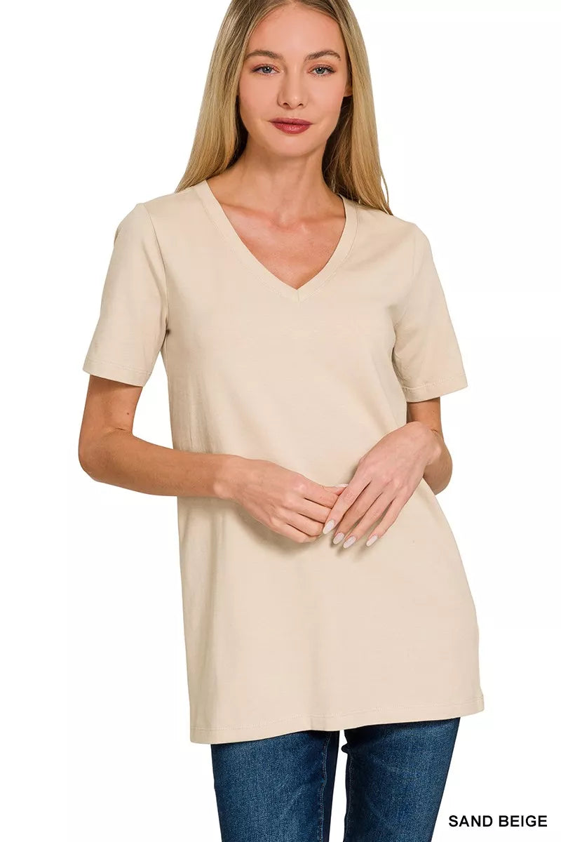 SAND BEIGE V-neck short sleeve cotton tee
