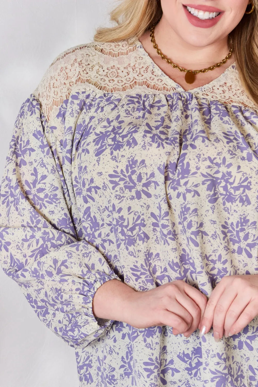 Floral print blouse with lace yoke and balloon sleeves