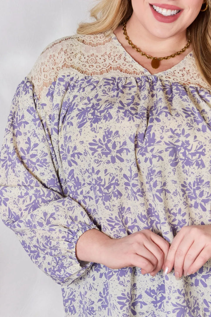 Floral print blouse with lace yoke and balloon sleeves