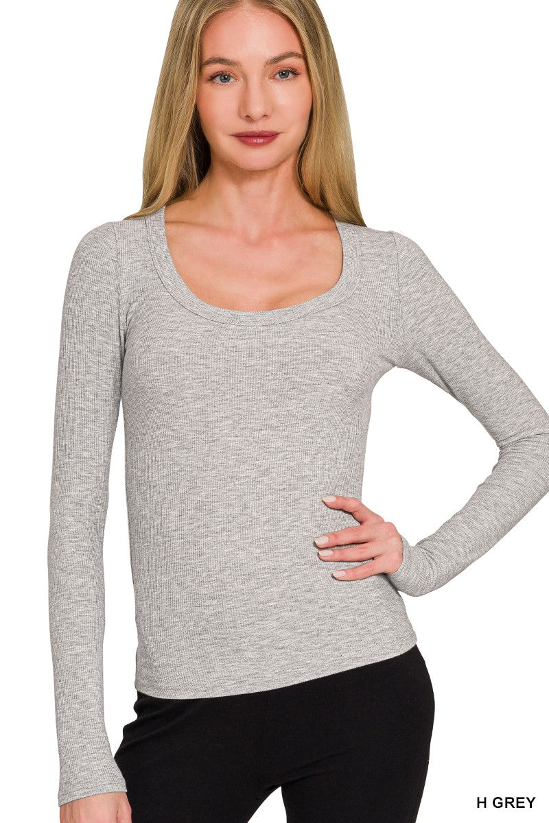 H GREY Fitted ribbed knit scoop neck long sleeve top