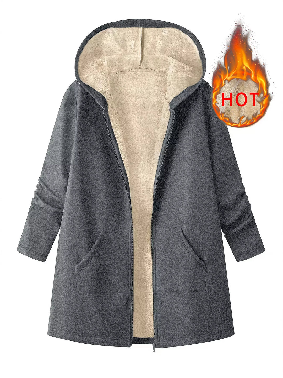 Dark Gray Sherpa-lined hooded zip longline jacket with pockets