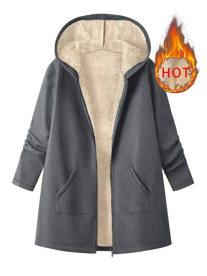 Dark Gray Sherpa-lined hooded zip longline jacket with pockets