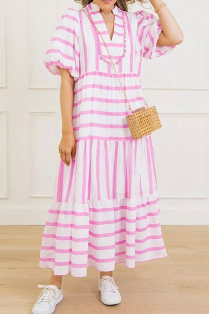 Striped ricrac trim notched neck tiered maxi dress
