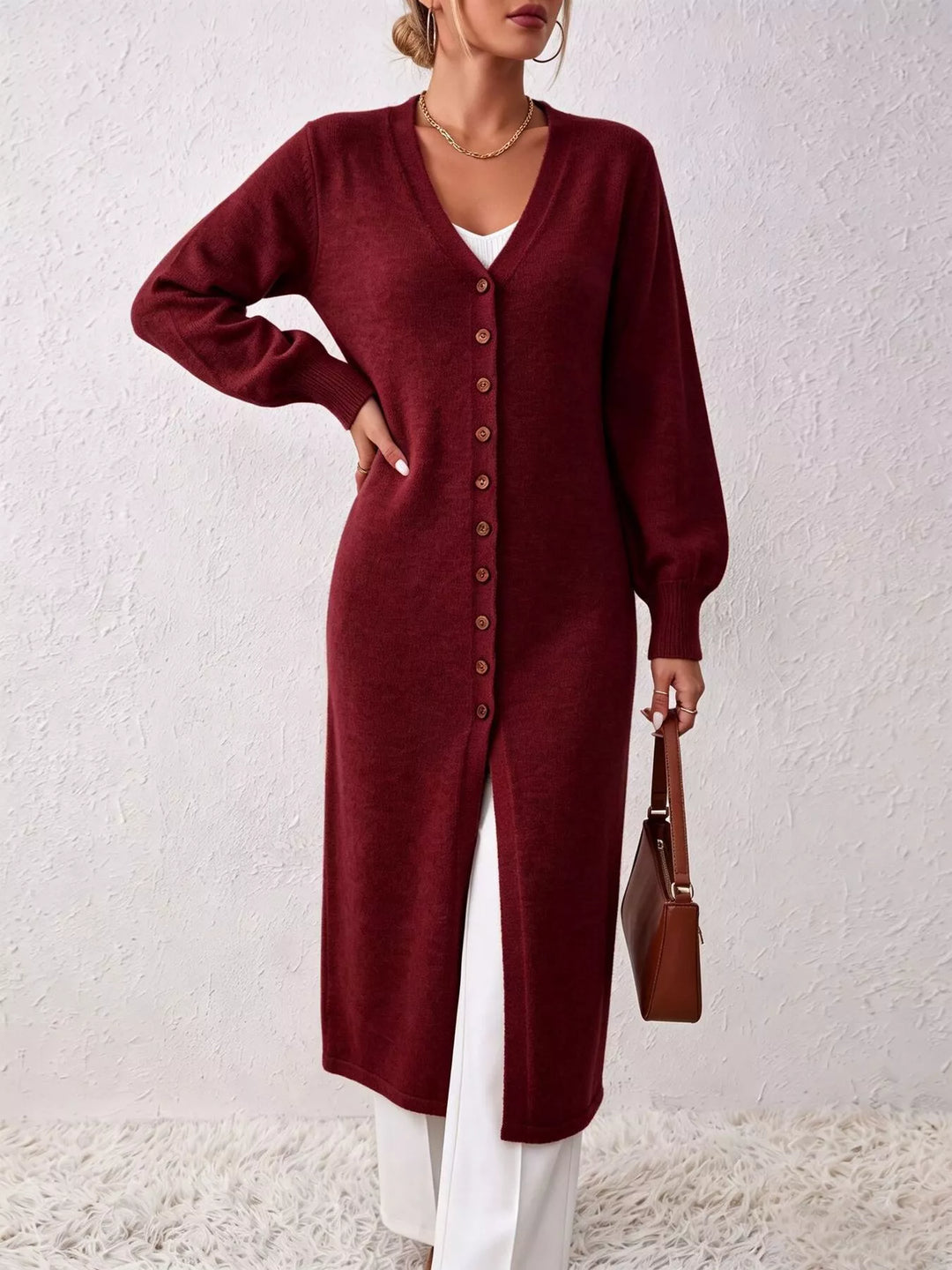 Wine Red Button-front V-neck knit sweater midi dress