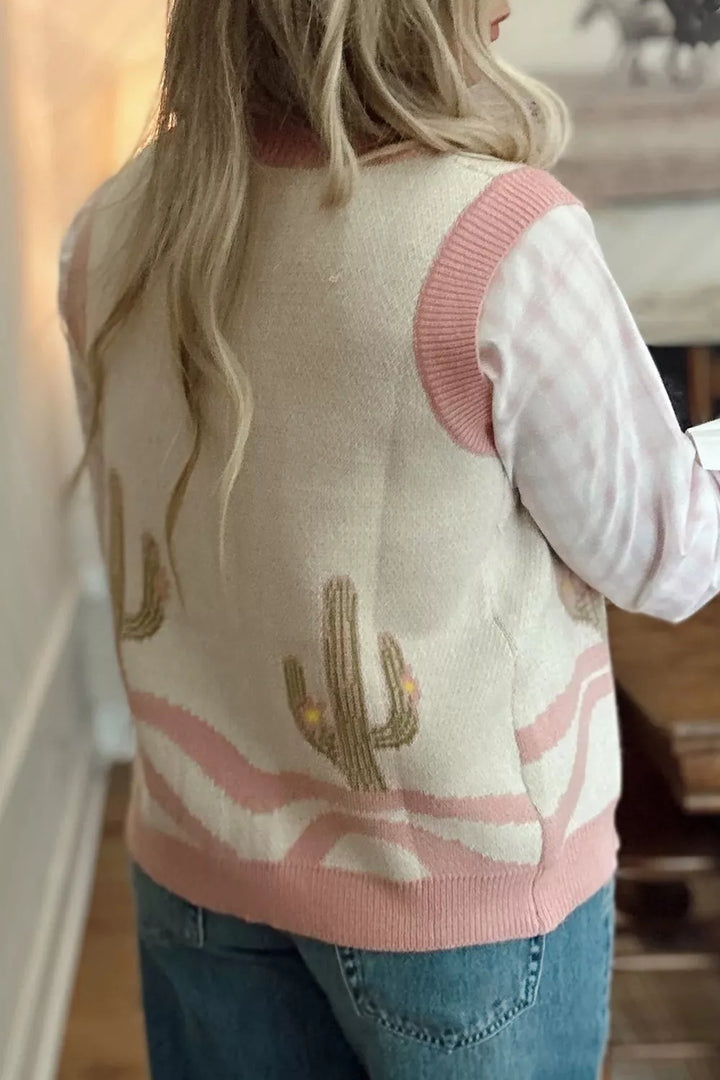 Cactus knit button-front sweater vest with contrast trim