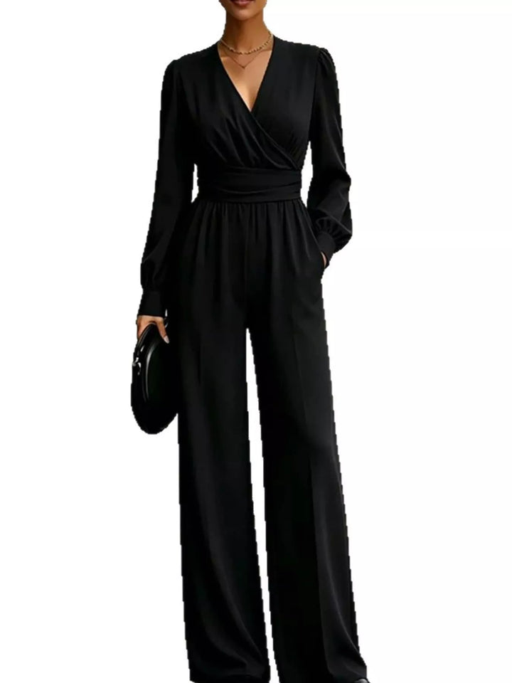 Black Surplice wrap long sleeve wide-leg jumpsuit with pockets