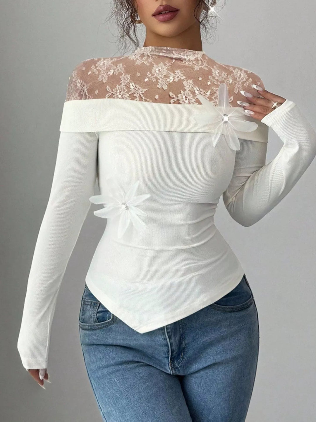 Sheer lace yoke long sleeve fitted top with flower trim