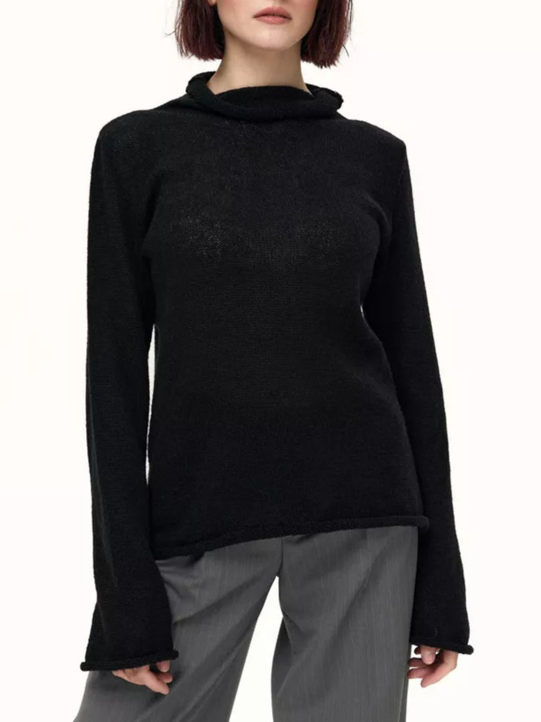 Black Sheer open-knit mock neck sweater with long sleeves