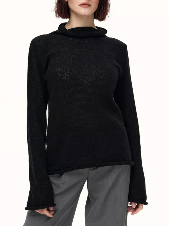 Black Sheer open-knit mock neck sweater with long sleeves