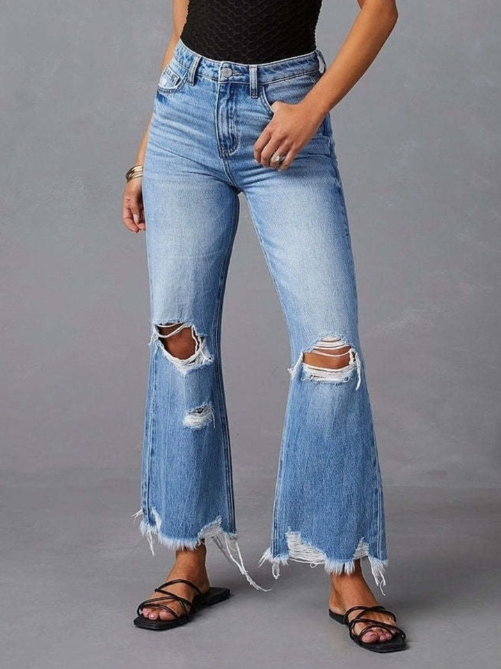 Blue High-rise distressed flare jeans with frayed raw hem