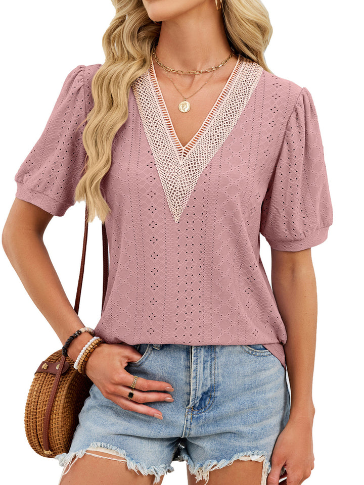 Skin Powder Lace-trim V-neck eyelet top with puff sleeves