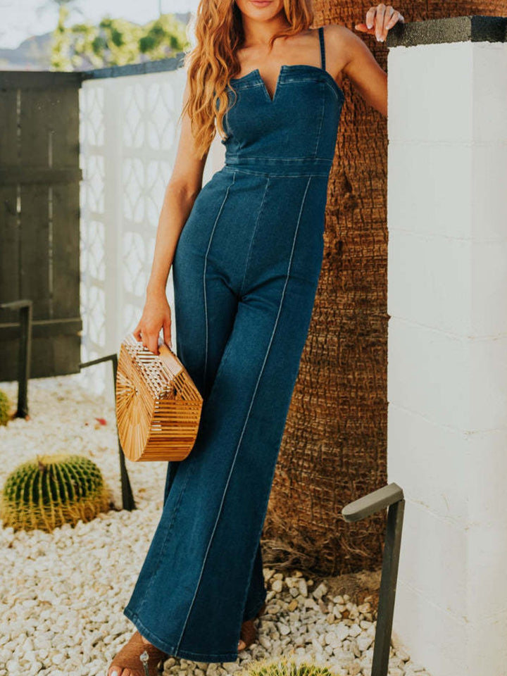Strapless wide-leg denim jumpsuit with notched bodice