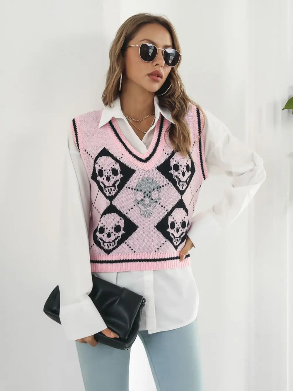 Skull argyle knit sweater vest with striped V-neck